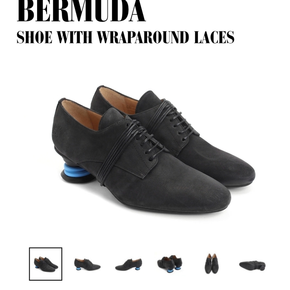 Blue and black Bermuda Fairway Fluevog lace up oxfords with funky heels